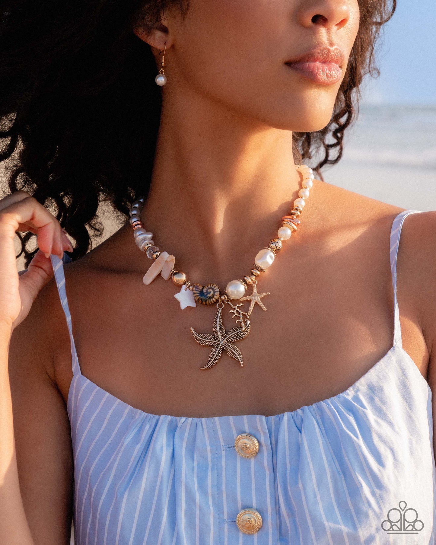 Coastal Cameo - Multi Gold & Pearl Starfish, Coral, Seashell Beach Style Necklace Paparazzi N3296