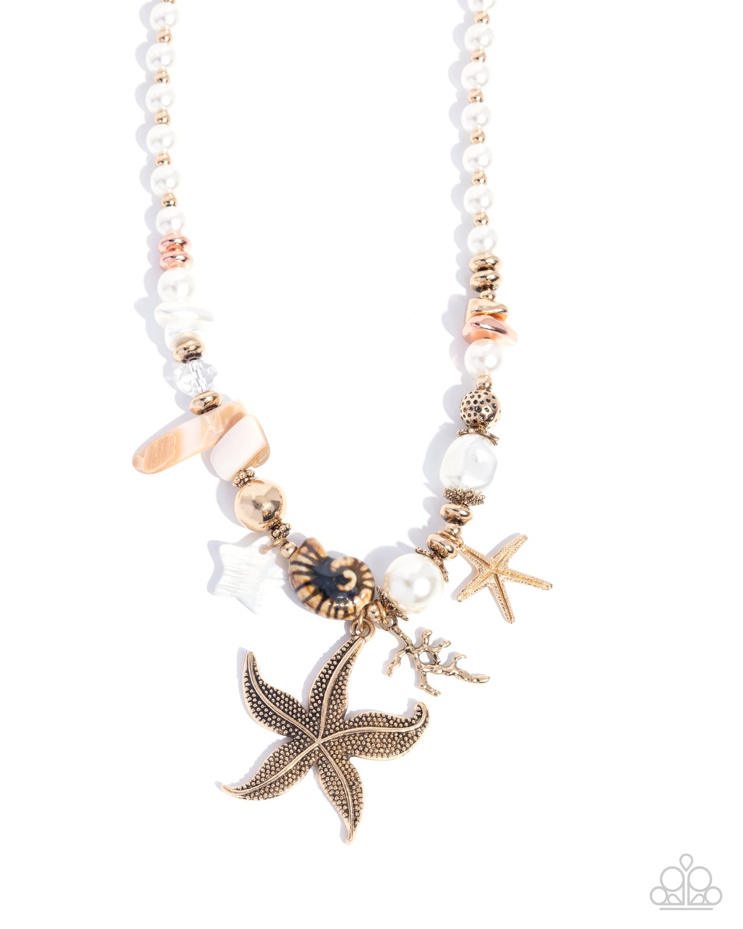 Coastal Cameo - Multi Gold & Pearl Starfish, Coral, Seashell Beach Style Necklace Paparazzi N3296