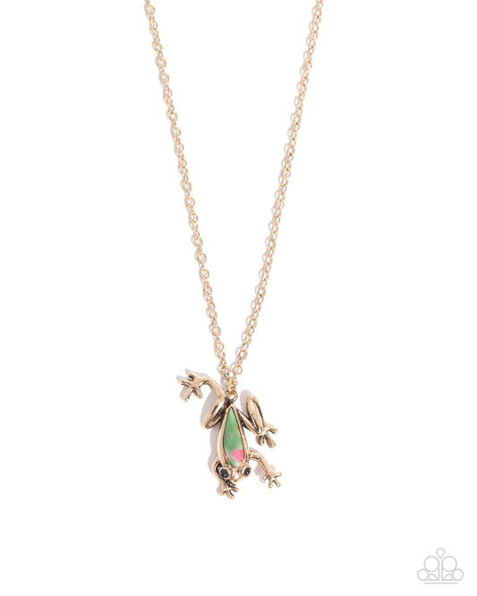 Flashy Tree Frog - Multi Vibrant& Pink Marbled Stone Gold Tree Frog Pendant Necklace Paparazzi N3290
