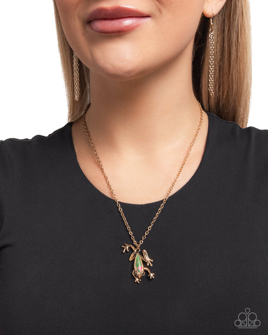 Flashy Tree Frog - Multi Vibrant& Pink Marbled Stone Gold Tree Frog Pendant Necklace Paparazzi N3290
