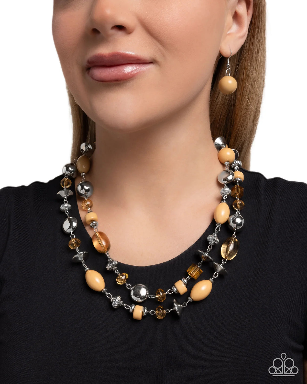Paparazzi Eye-Catching Earnings - Brown Bead Silvr Layered Necklace N3975
