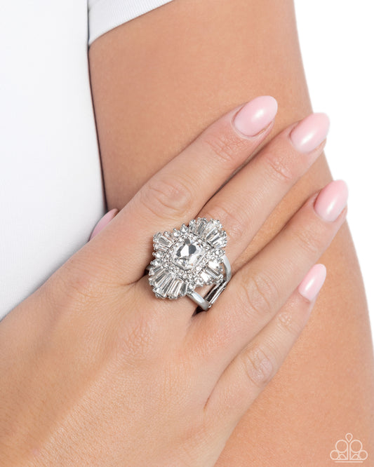 Flair for the CHARISMATIC - White Rhinestone Bequette Sunburst Style Ring Paparazzi R1153