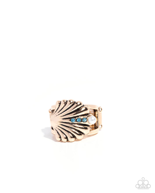 Seashell Side - Blue Aquamarine Rhinestone, White Pearl Antiqued Gold Seashell Beach Style Ring Paparazzi R0995