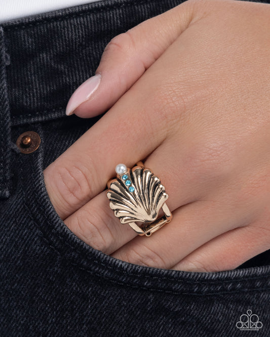 Seashell Side - Blue Aquamarine Rhinestone, White Pearl Antiqued Gold Seashell Beach Style Ring Paparazzi R0995