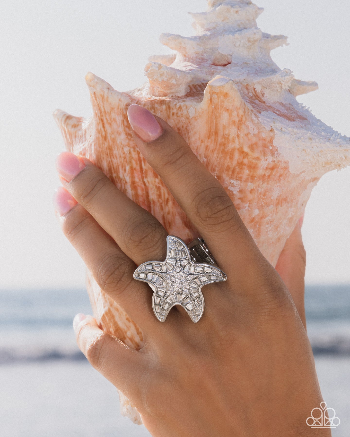 Starfish Scope - White Rhinestone, Gem Silver Starfish Beach Theme Ring Paparazzi