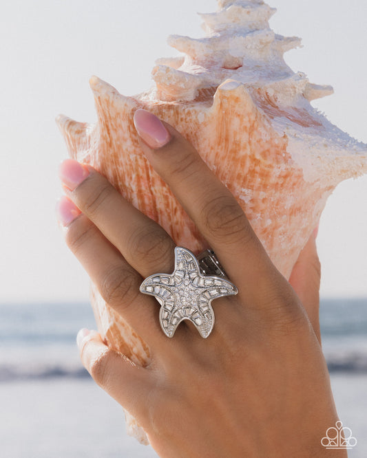 Starfish Scope - White Rhinestone, Gem Silver Starfish Beach Theme Ring Paparazzi