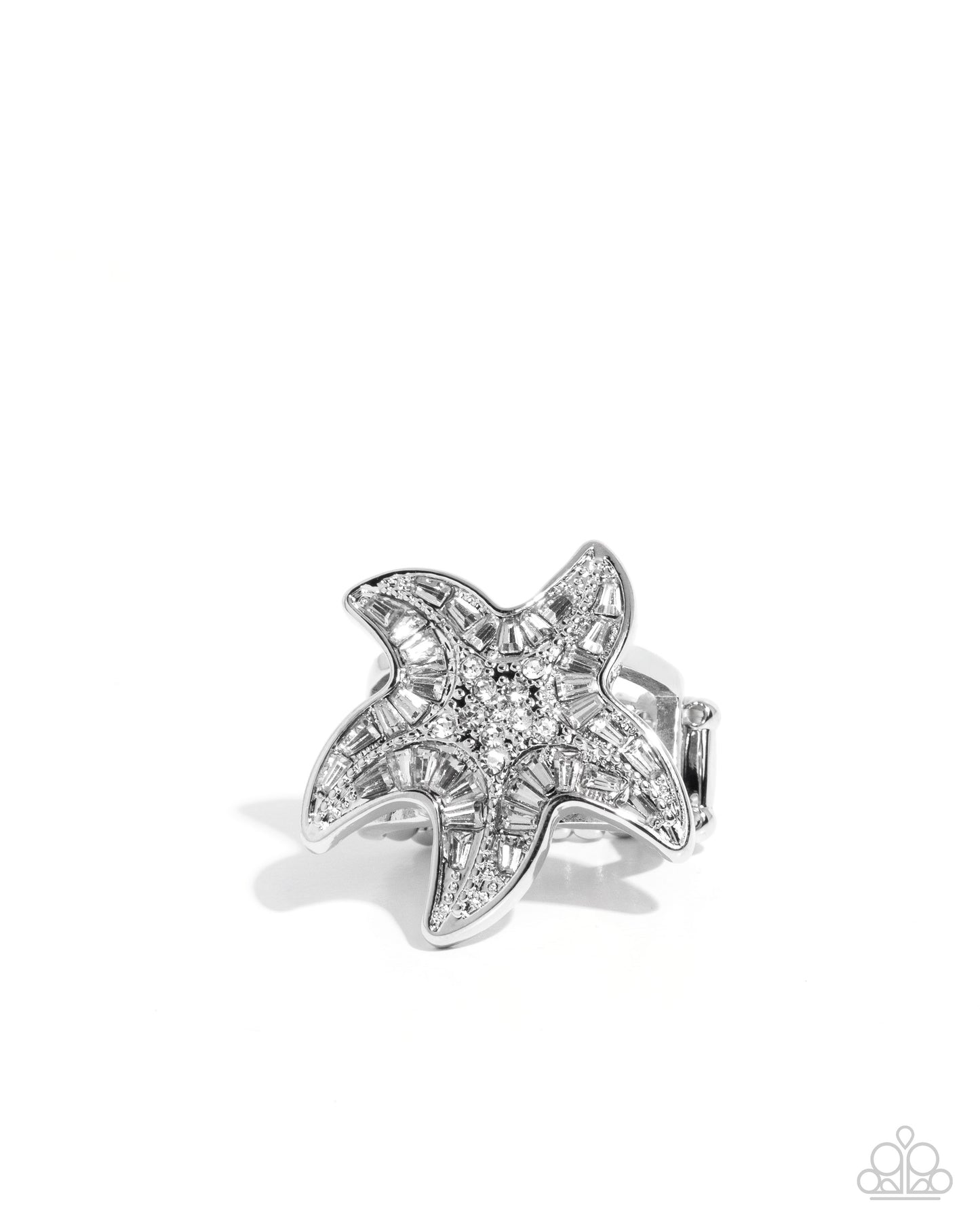 Starfish Scope - White Rhinestone, Gem Silver Starfish Beach Theme Ring Paparazzi