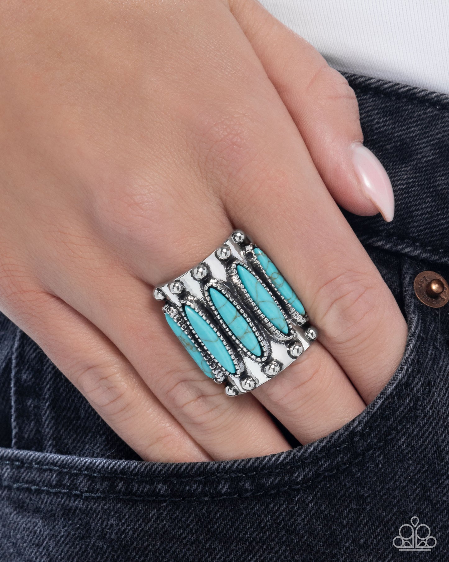 Southern Symmetry - Blue Turquoise Western Santa Fe Style Ring Paparazzi R1106