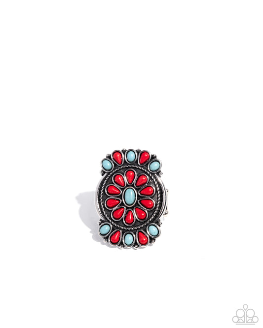 Tapestry Theme - Red & Blue Turquoise Stone Floral Santa Fe Style Ring Paparazzi R1071