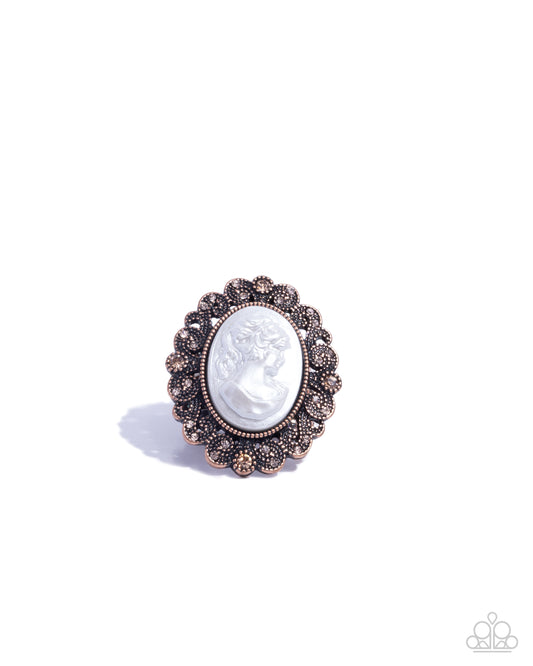 Delightfully Vintage - Copper Frame White Cameo Style & Topaz, Peach Rhinestone Ring Paparazzi R0953