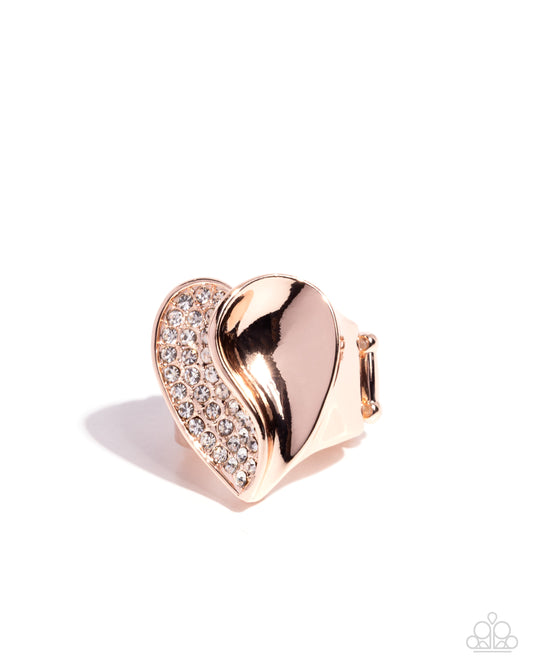 Half of Me - Rose Gold White Rhinestone Heart Ring Paparazzi R1025