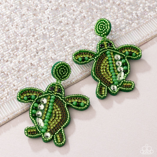 Turtle Tapestry - Green Seed Bead Turtle Earring Life Of The Party May 2025 Paparazzi