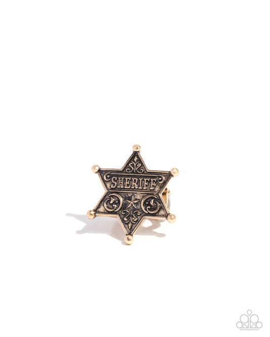 Sheriffs Star - Gold - Antiqued Gold Sheriff Star Western Ring Paparazzi R1122