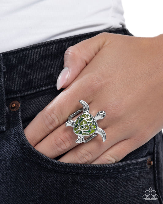 Tailored Turtle - Green - Green Grass & White Grape Paint Filigree Silver Turtle Scandi Charm Style Ring Paparazzi R1076