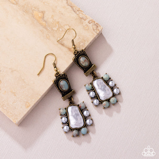 Synthetic Serenity - Brass Hammered Blue Red Marbled Stone Earring Paparazzi