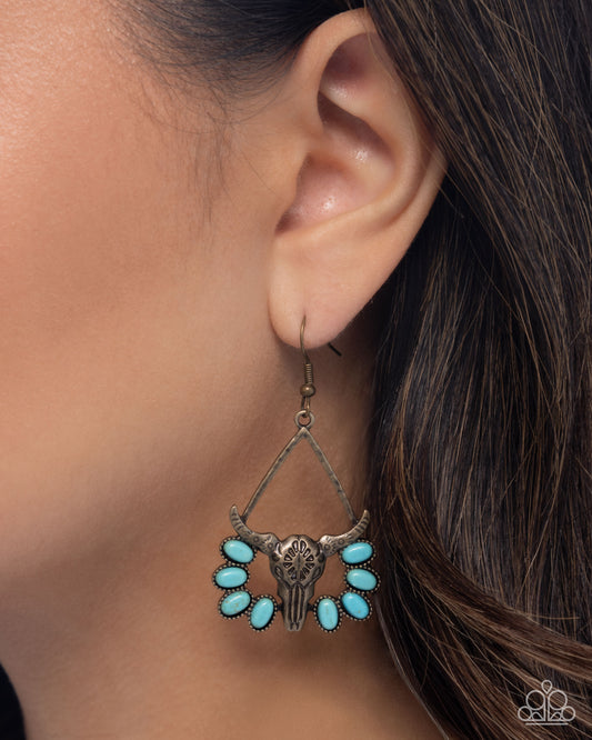 Western Whirlwind - Brass Longhorn Blue Turquoise Stone Santa Fe Style Earring Paparazzi