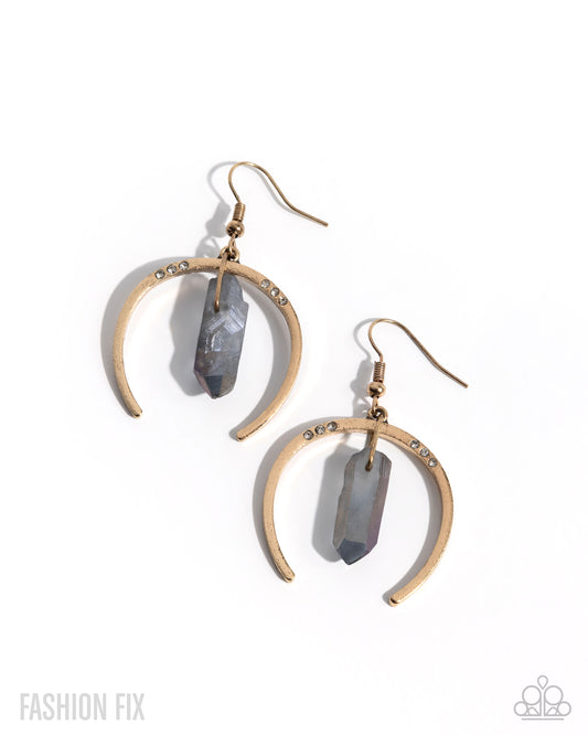Masterful Model - Gold Crescent Moon Frame Gray UV Shimmer Crystal-Like Stone Earring Sunset Sightings May 2025 Fashion Fix Paparazzi E2998
