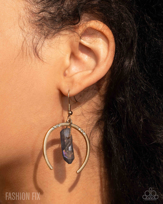 Masterful Model - Gold Crescent Moon Frame Gray UV Shimmer Crystal-Like Stone Earring Sunset Sightings May 2025 Fashion Fix Paparazzi E2998