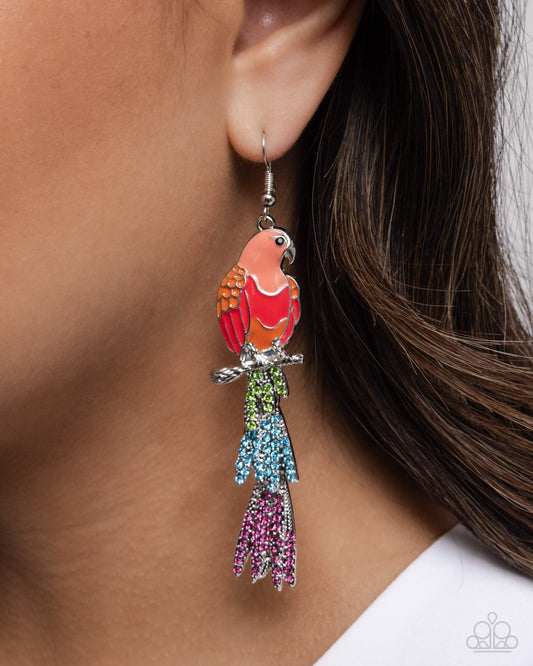 Parrot Pull - Orange, Pink Painted & Blue, Green Rhinestone Parrott Earring Paparazzi E2922
