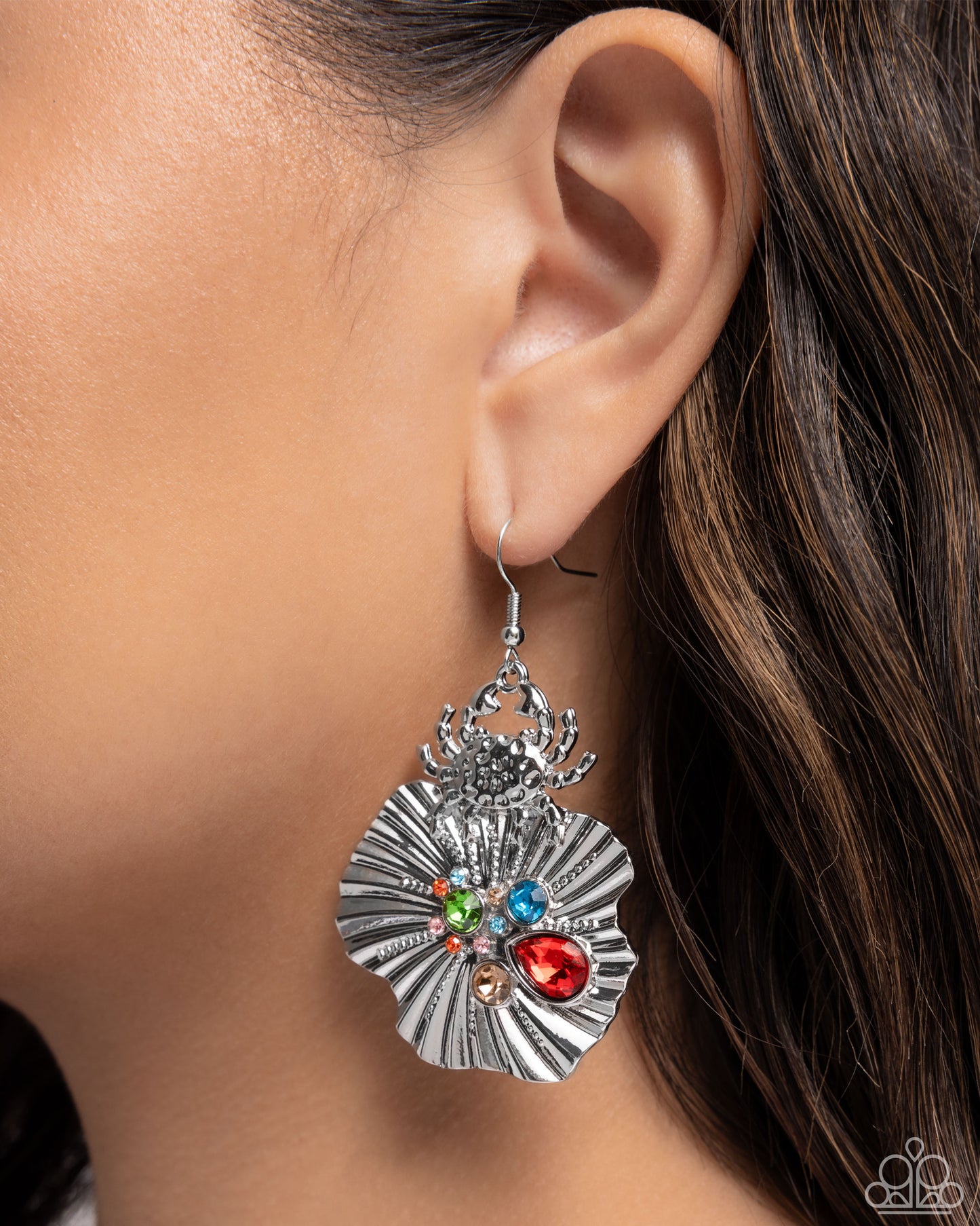 Capricious Crab - Red, Blue Gem Silver Crab & Shell Earring Paparazzi E2689