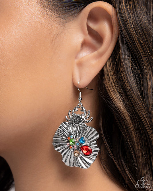 Capricious Crab - Red, Blue Gem Silver Crab & Shell Earring Paparazzi E2689