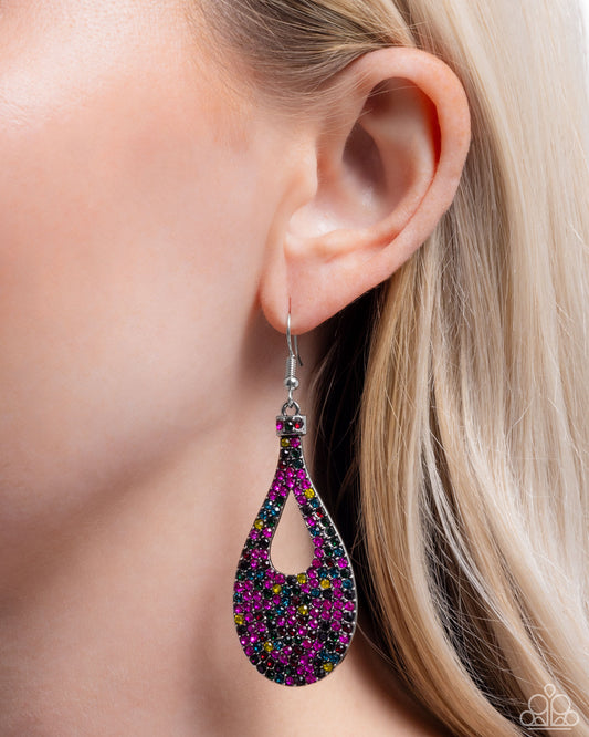 Teardrop Tremolo - Multicolored Pink, Yellow, Red, Blue, Green & Black Rhinestone Teardrop Earring Paparazzi E3108