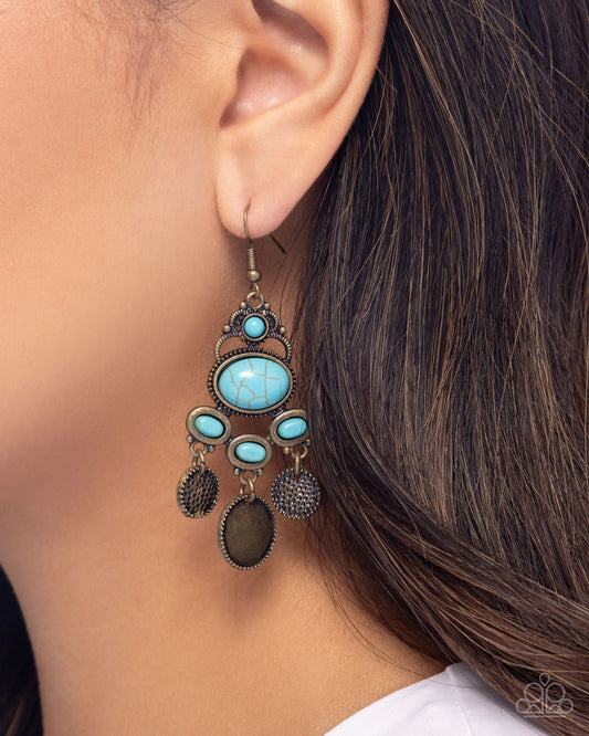 Chandelier Candor - Brass - Antiqued Brass Hammered Disc & Turquoise Stone Chandelier Earring Santa Fe Style Paparazzi E2855