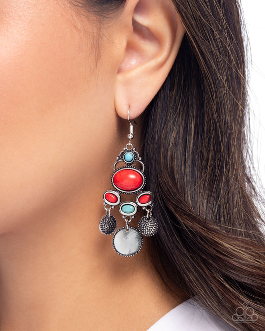 Chandelier Candor - Red Marbled & Turquoise Stone Antiqued Silver chandelier Earring Santa Fe Style Paparazzi