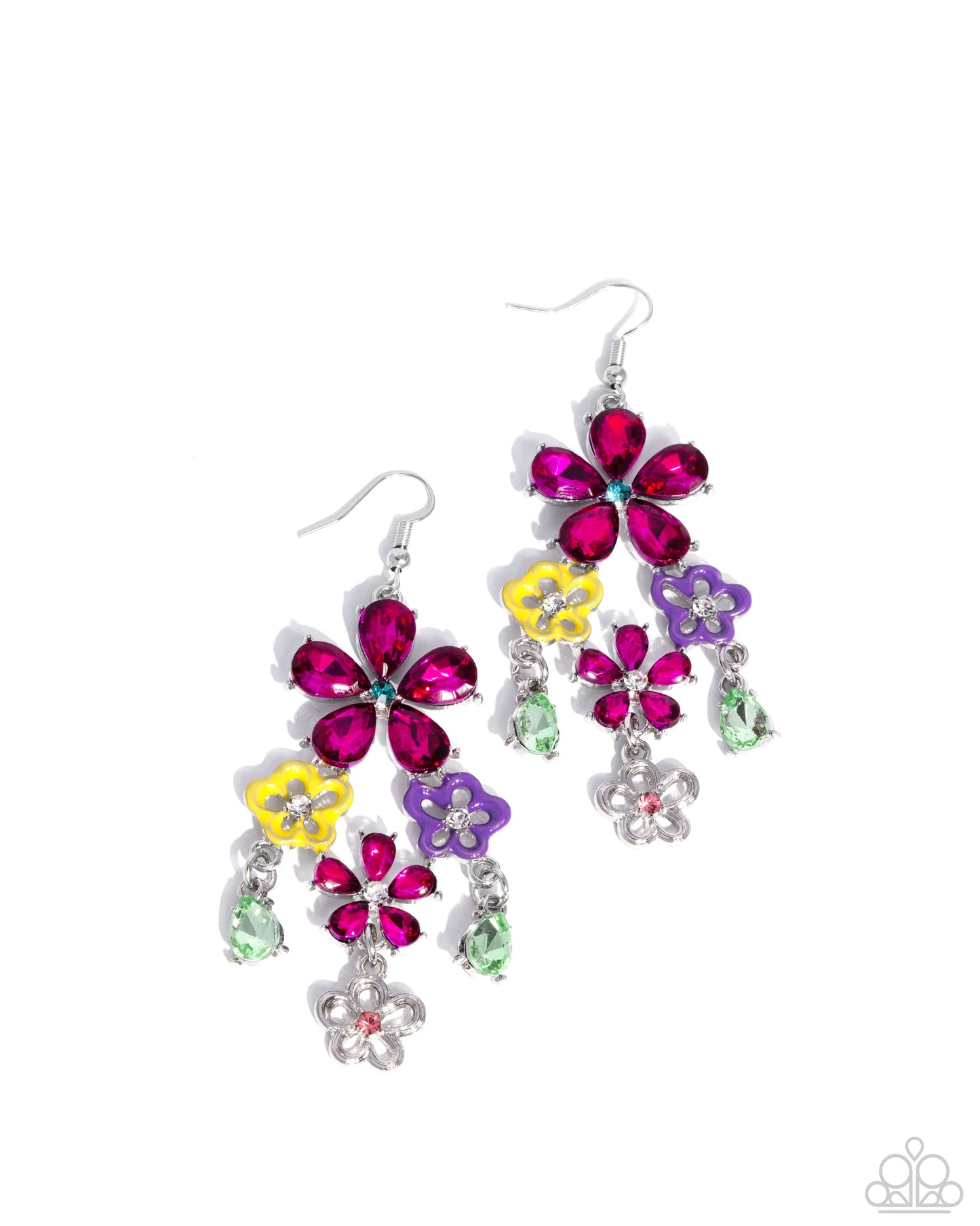 Paparazzi Floral Fountain - Pink Fuchsia Gems, Yellow & Purple Painted Flower Earring E3158