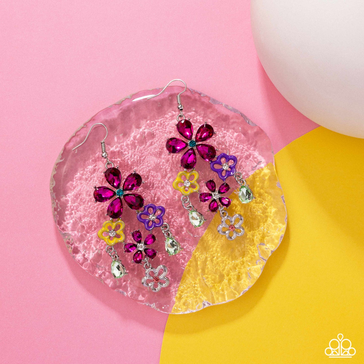 Paparazzi Floral Fountain - Pink Fuchsia Gems, Yellow & Purple Painted Flower Earring E3158