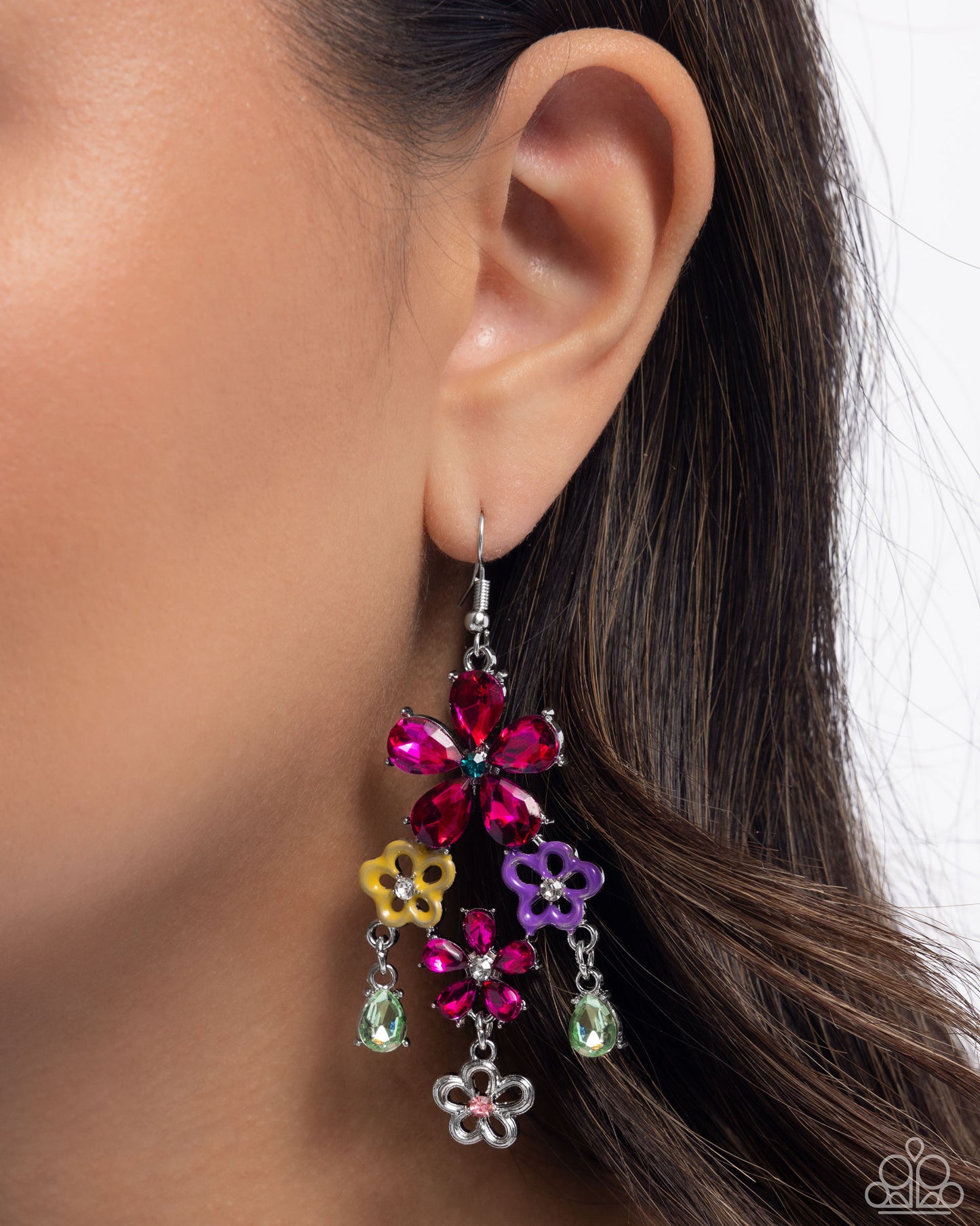 Paparazzi Floral Fountain - Pink Fuchsia Gems, Yellow & Purple Painted Flower Earring E3158