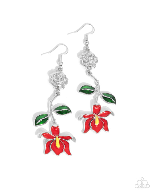 Floral Fractal - Red & Silver Flower Earring Paparazzi E2642