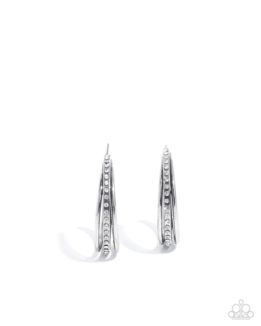 Paparazzi Commanding Culture - White Rhinestone Silver Hoop Earrings E2639