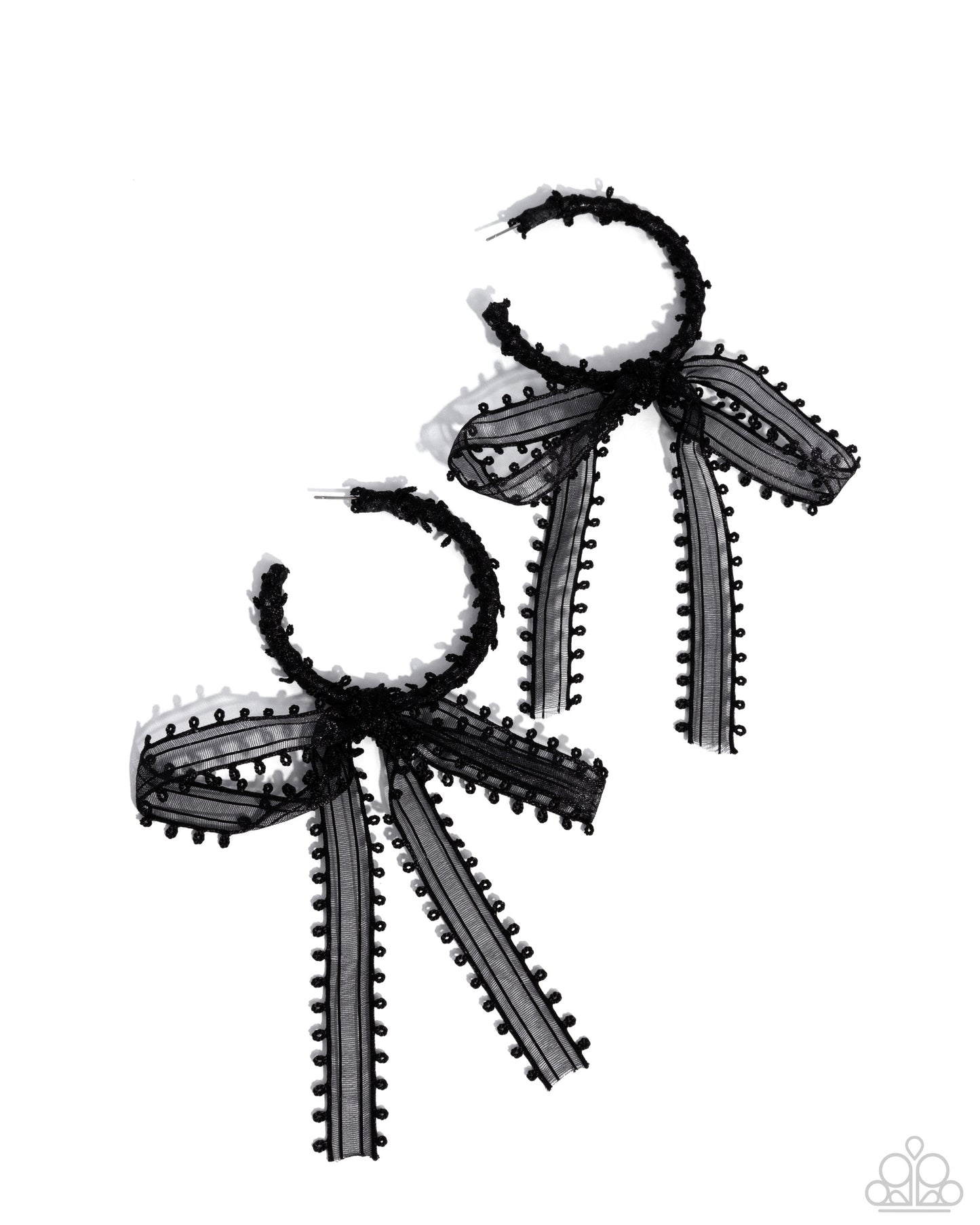 Brand New Bow - Black Lace Ribbon 2 Inch Hoop Earring Paparazzi E3074