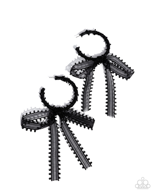 Brand New Bow - Black Lace Ribbon 2 Inch Hoop Earring Paparazzi