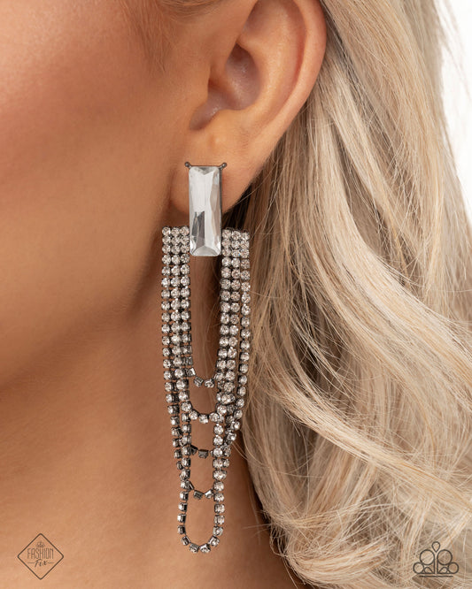 Resounding Radiance - Black Gunmetal White Gem Layered Chain Earring Magnificent Musings April 2025 Fashion Fix Paparazzi E2712