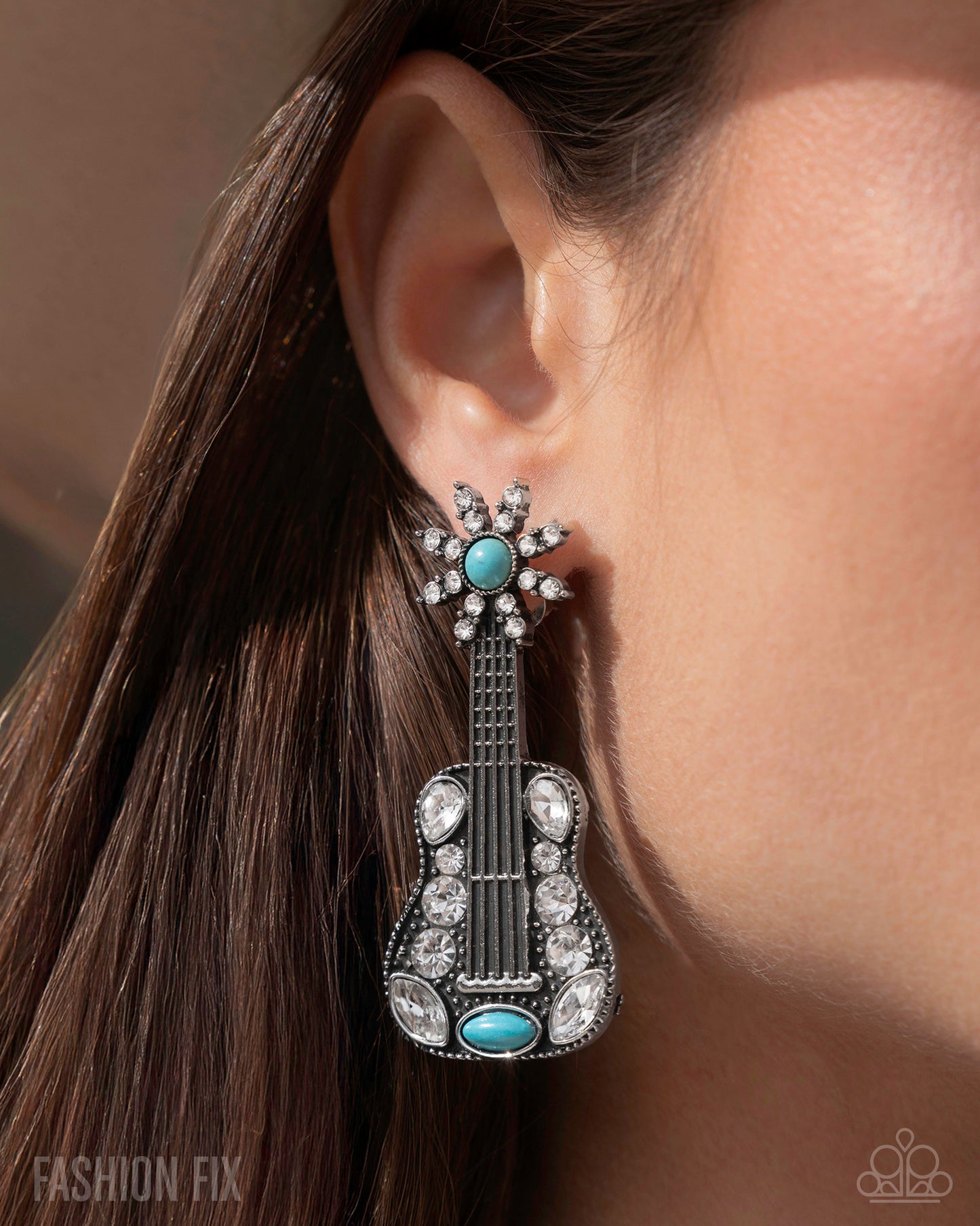 Country Comeback - Blue Turquoise Stone Silver Guitar Earring Simply Santa Fe May 2025 Fashion Fix Paparazzi E2849