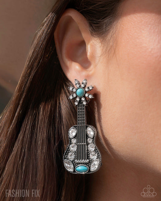 Country Comeback - Blue Turquoise Stone Silver Guitar Earring Simply Santa Fe May 2025 Fashion Fix Paparazzi E2849