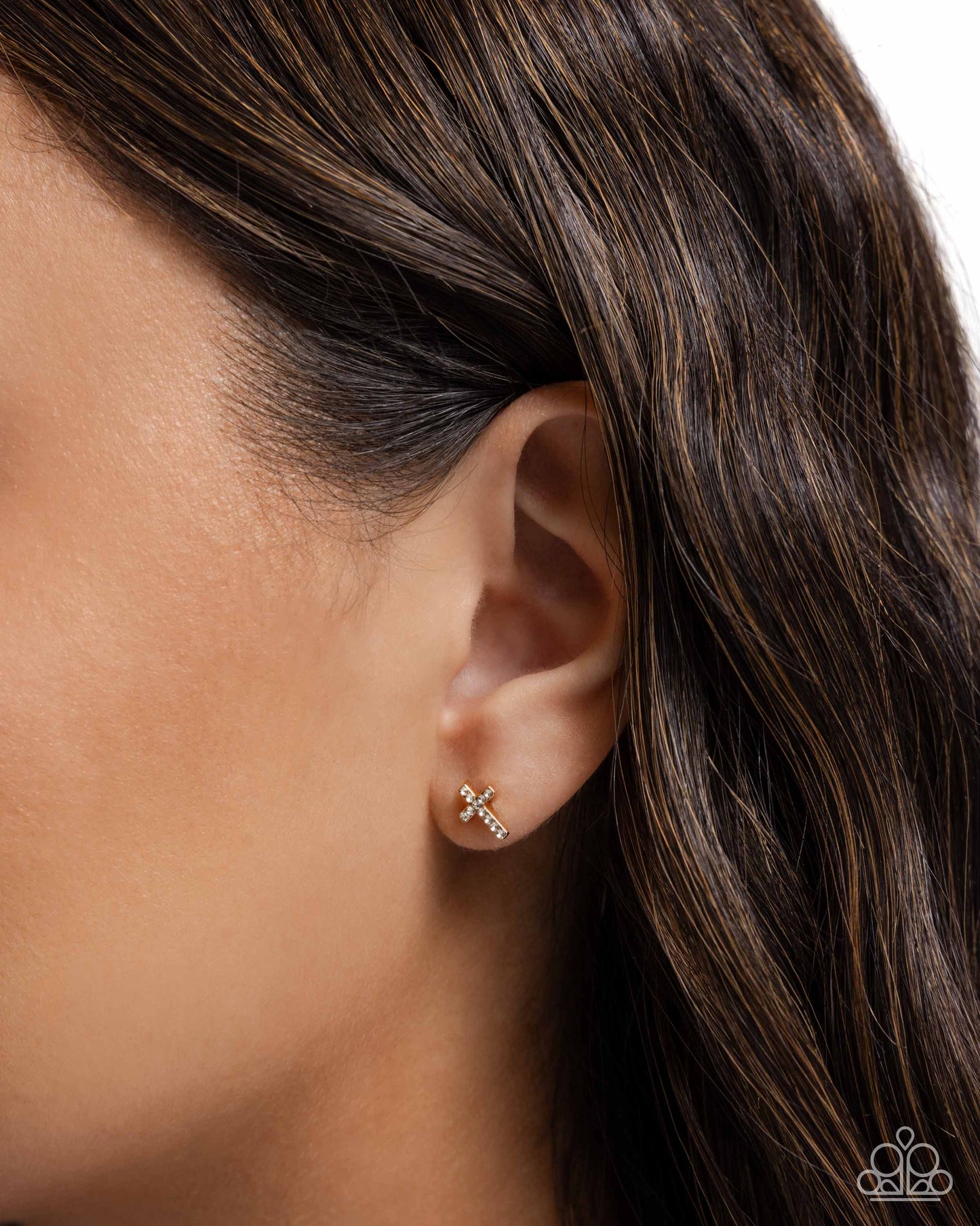 Sacred Shimmer - Gold & White Rhinestone Cross Post Earring Paparazzi