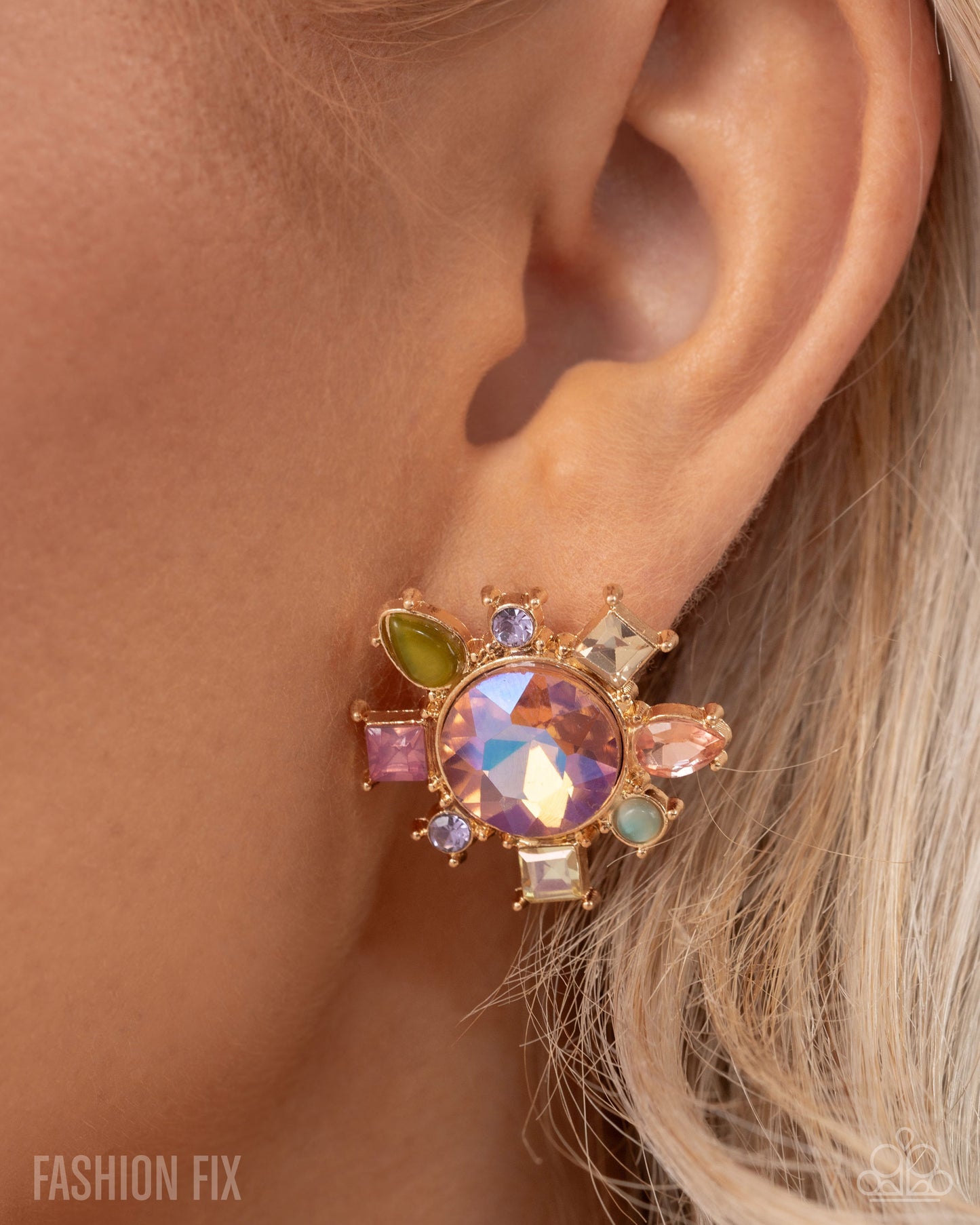 Proper Polish - Multicolored Peach Gem, Rhinestone & Gold Post Earring Fiercely 5th Avenue May 2025 Fashion Fix Paparazzi E