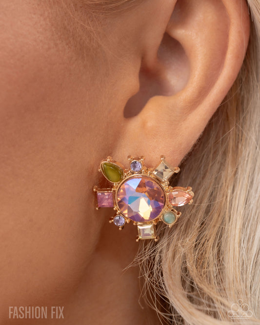 Proper Polish - Multicolored Peach Gem, Rhinestone & Gold Post Earring Fiercely 5th Avenue May 2025 Fashion Fix Paparazzi E