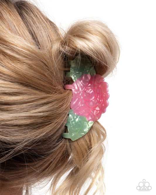Blooming Baddie - Pink Rose & Green Leaves Hair Claw Clip Paparazzi H0179