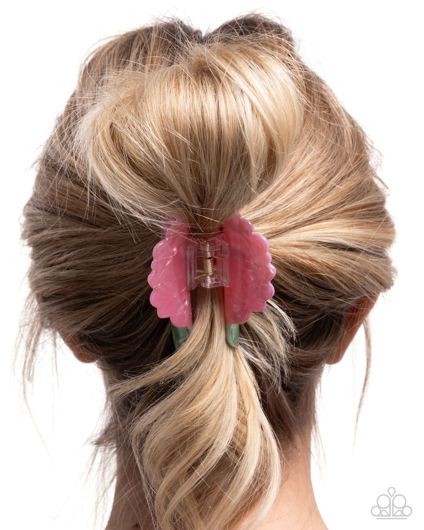 Blooming Baddie - Pink Rose & Green Leaves Hair Claw Clip Paparazzi H0179