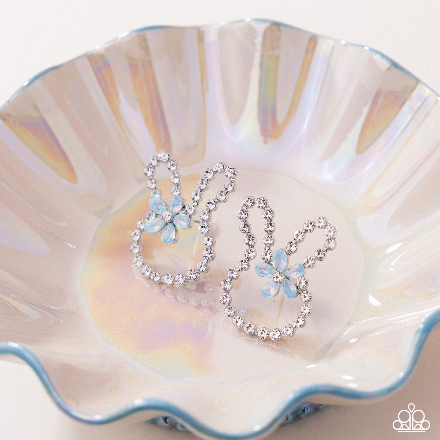 Bunny Backdrop - Blue Opalescent Flower & White Rhinestone Rabbit Easter Earring Paparazzi E2654