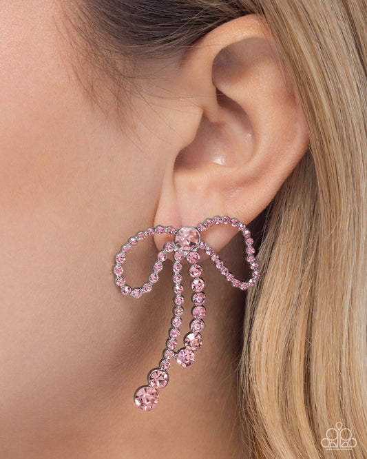 Black Tie Bow - Pink Light Rose Rhinestone Bow Earring Paparazzi E2967