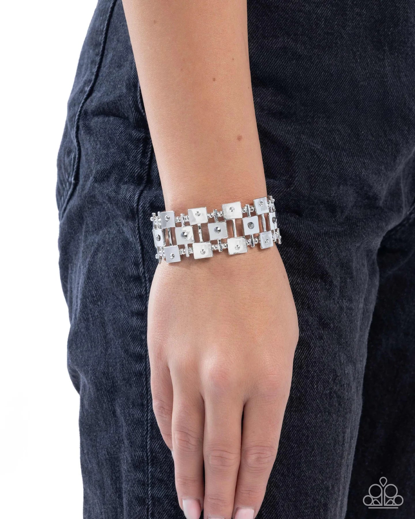 Paparazzi Puzzling Persistence - Silver Hematite Rhinestone Stretch Bracelet B2477
