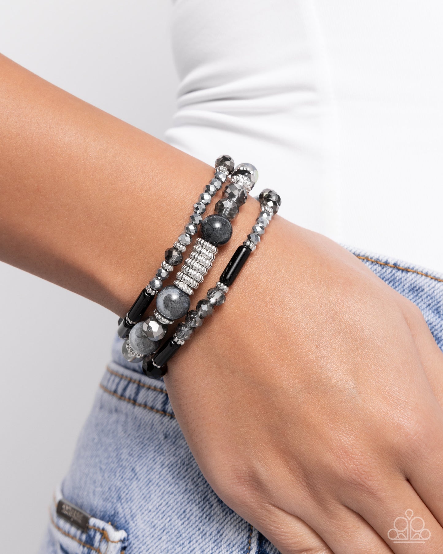 Colorful Conversation - Black, Shimmering Silver, Hematite Bead Stretch Bracelets Set of 3 Paparazzi B2166