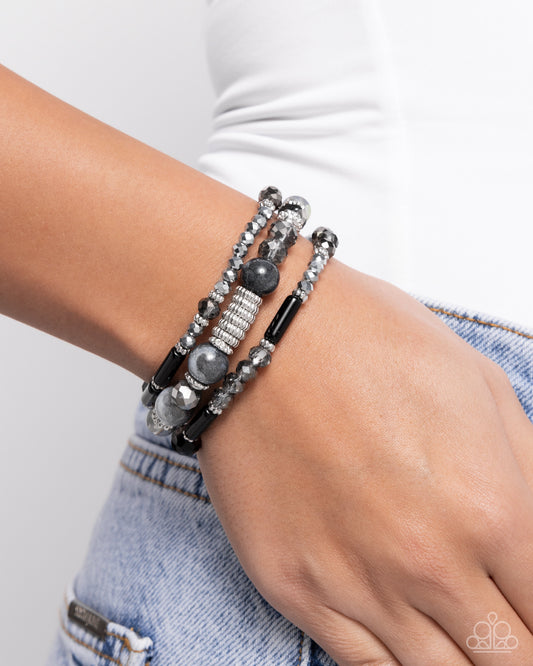 Colorful Conversation - Black, Shimmering Silver, Hematite Bead Stretch Bracelets Set of 3 Paparazzi B2166