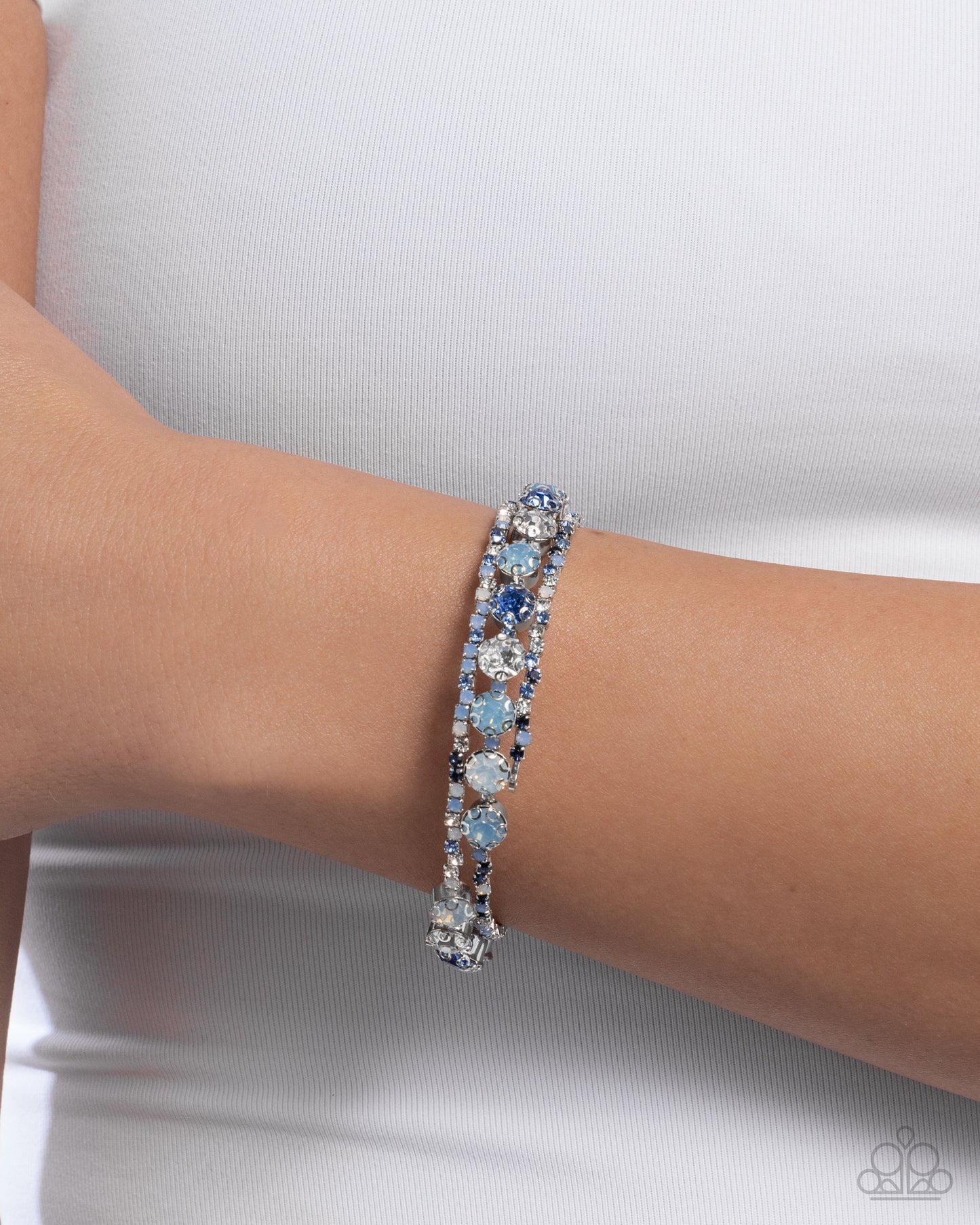 Shimmery Sample - Blue Multicolored & Iridescent Rhinestone Coil Bracelet Paparazzi B2280