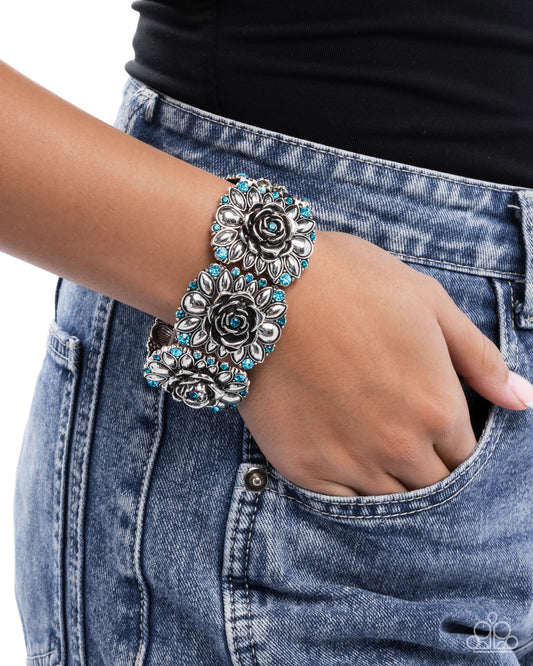 Blooming Balance - Blue Ziron & Aquamarine Rhinestone Rose Flower Stretch Bracelet Paparazzi B2326